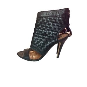 Modern Vintage Black Leather Weave Size 10 Heels Open Toe Stiletto Whimsigoth